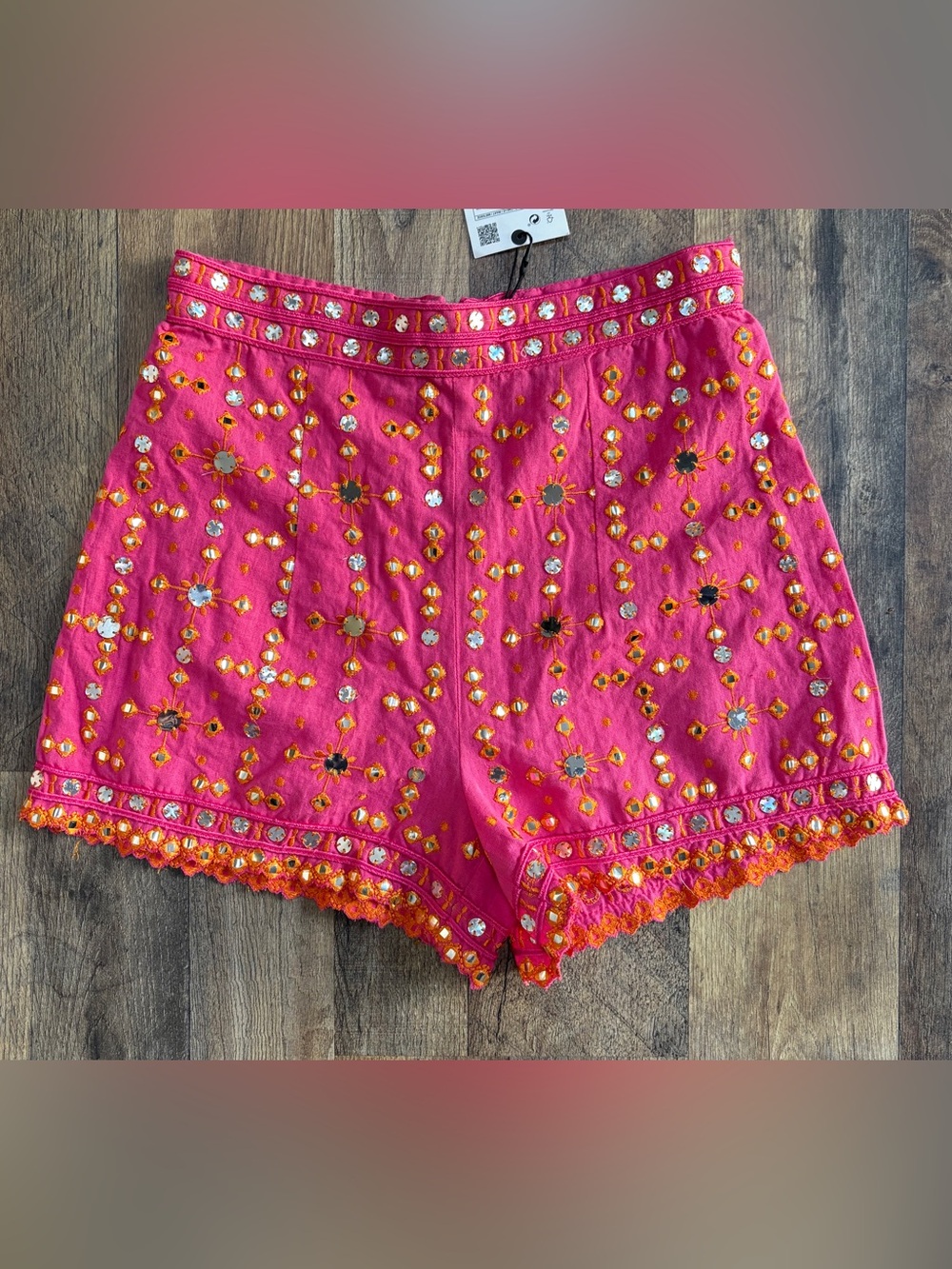 Zara Fuchsia Embellished High-Waist Shorts with Orange Accents